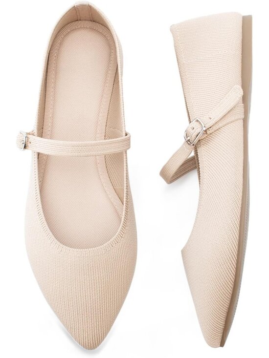 Shoes - Women's Almond Knit Pointed Toe Ballet Flat Adjustable Strap Buckle Casual Shoes